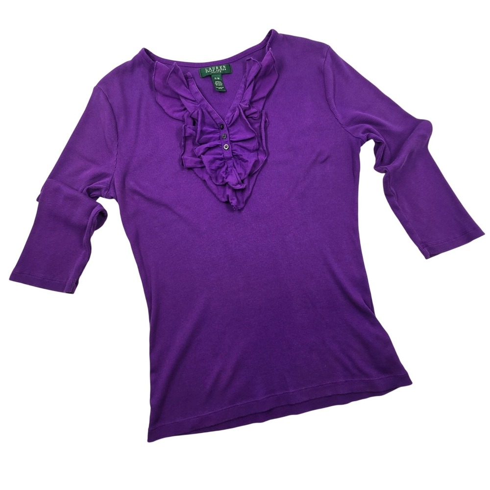 Lauren Ralph Lauren Petite Purple Ribbed Ruffle V-Neck 3/4 Sleeve Top PM Cotton